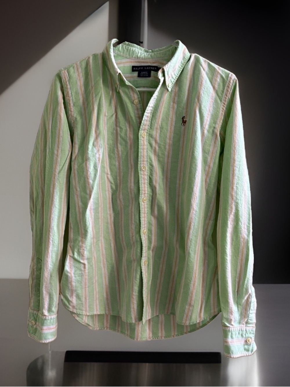 Ralph Lauren Womens 12 Slim Fit Green Striped Oxford Shirt Pony Button Down